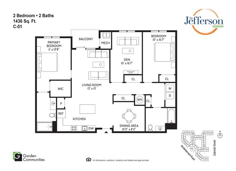 Floor plan for 2 beds, 2 baths, 1436 sqft